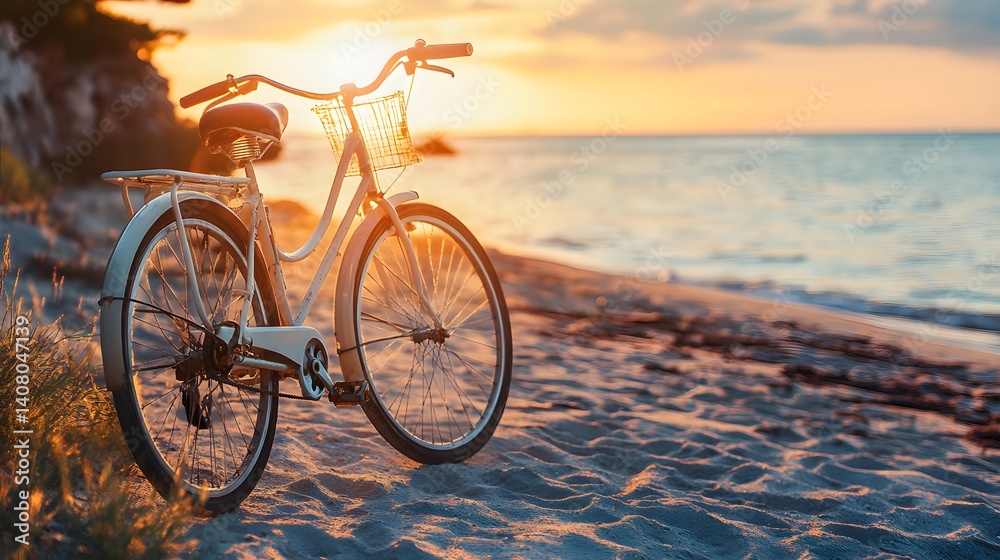 Fototapeta premium Coastal Ride into the Sunset: A classic bicycle rests gracefully on a sandy beach, bathed in the warm hues of a setting sun, capturing a sense of freedom and coastal tranquility.
