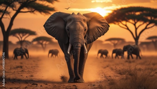 Majestic african elephant walking at sunset on the savannah.