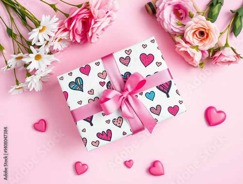 a styled flat lay photograph featuring a pastel pink background. On the left side, there is a gift box wrapped in white paper adorned with multicolored heart patterns in shades of blue, pink, and yell