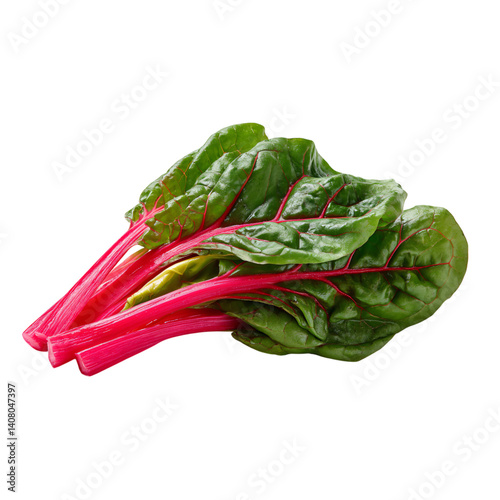 Fresh Swiss chard vegetable with vibrant crimson stems and deep green leaves for healthy eating, vegan cuisine, and spring produce, isolated transparent png