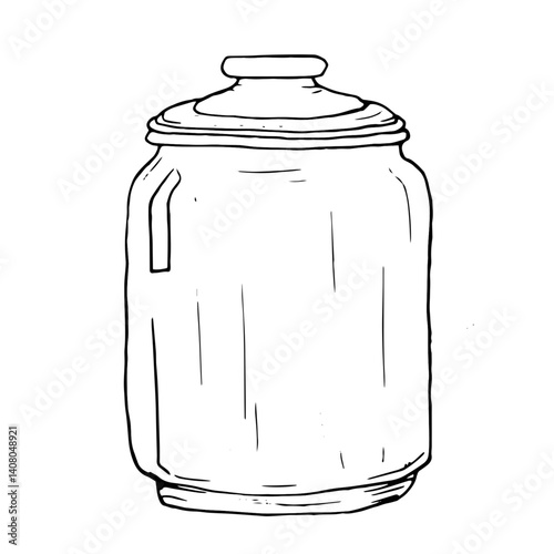 Glass jar with lid Black and white vector illustration. Image of a transparent bottle with a stopper,, on a white background. Hand-drawn ink drawing of an empty container.