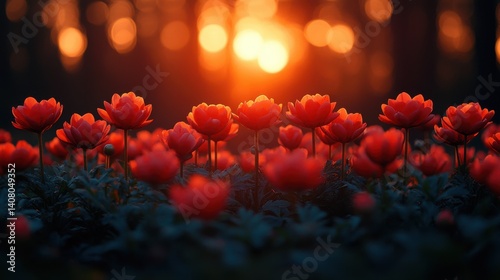 red flowers,long petals blooming in a forest setting during twilight,blurred background of trees,foliage,stock photo