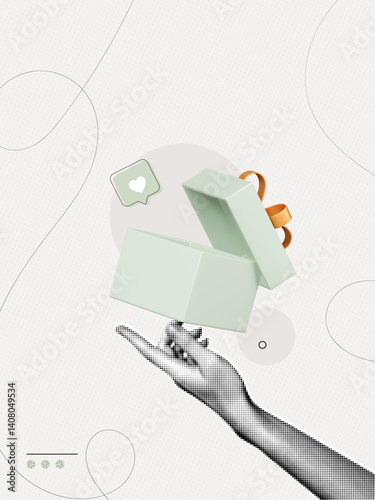 Trendy Halftone Collage Female hand holds open gift box. Surprise present for holiday, celebration or birthday. Empty giftbox template with like. Contemporary vector illustration art
