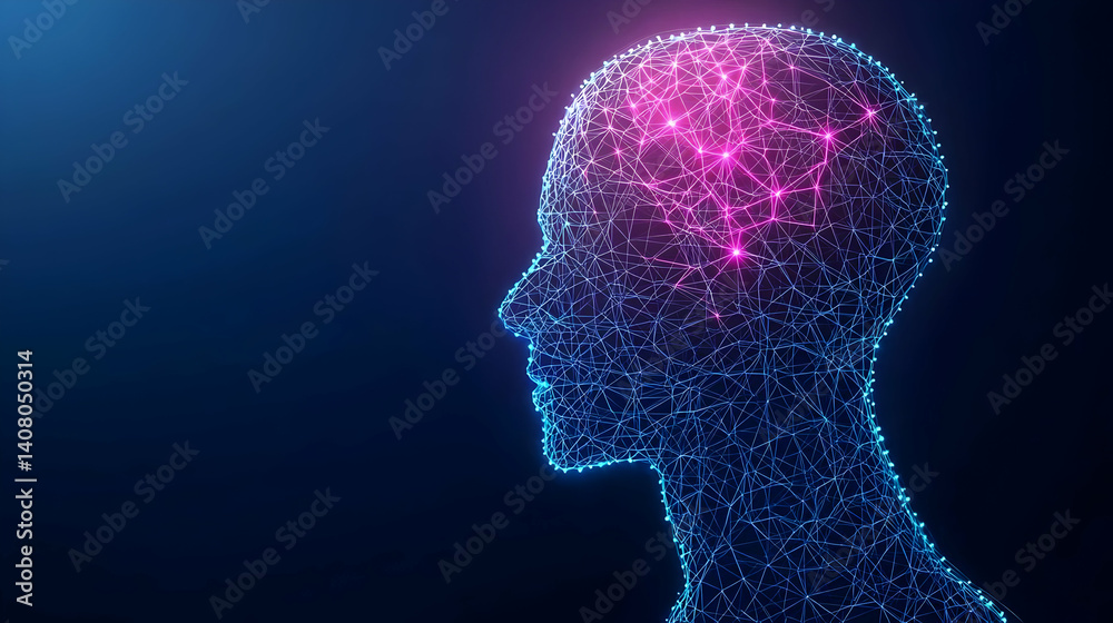 Obraz premium Abstract Ai Head with Glowing Pink Brain on Blue Background Represents Future Technology Innovation and Neural Networking