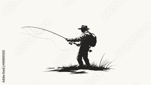 Hand Drawn Fly Fisherman Silhouette Illustration for Outdoor Adventure and Fishing Enthusiasts