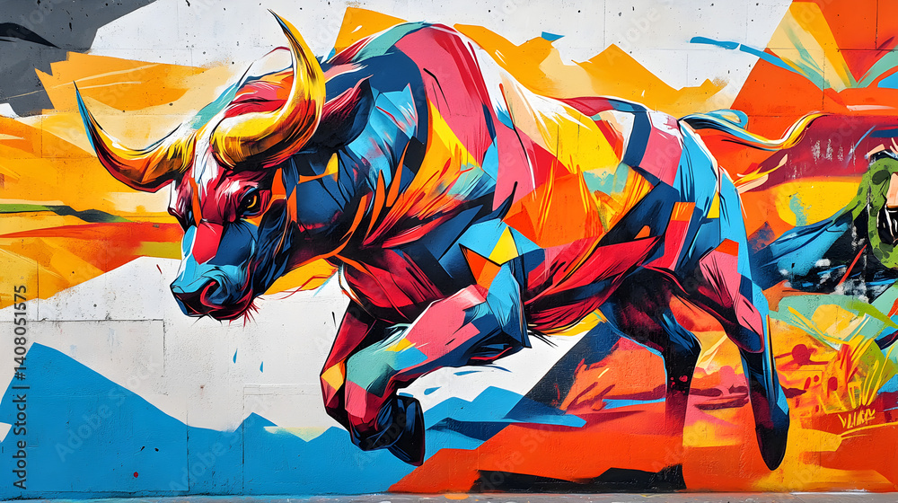 Fototapeta premium mural of a powerful animal in vivid colors, with energetic brushstrokes and street art elements bringing the animal to life on a city wall 