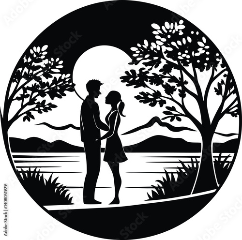Sunset Romance Round Silhouette Vector | Evening Scene Design