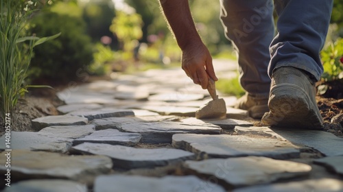 Hispanic mason building a stone pathway in a garden. Featuring masonry and outdoor landscaping