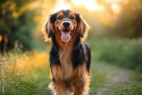 happy playful gordon setter dog walking in summer meadow on grassy path