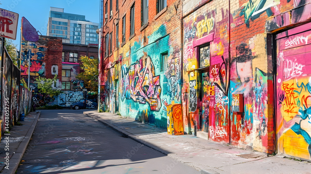 Fototapeta premium artist adding finishing touches to a large, colorful mural, with paint splatters and vibrant designs covering a brick wall in a creative urban environment 
