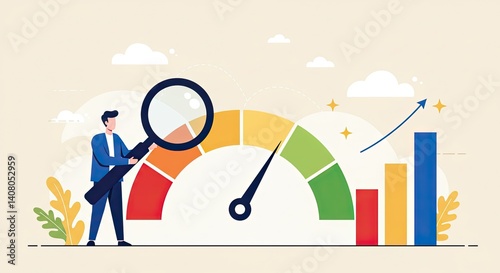 Businessman in Blue Suit Analyzing Growth Metrics with Magnifying Glass and Performance Gauge