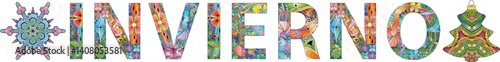 The word WINTER in Spanish. Colorful day of the week card.