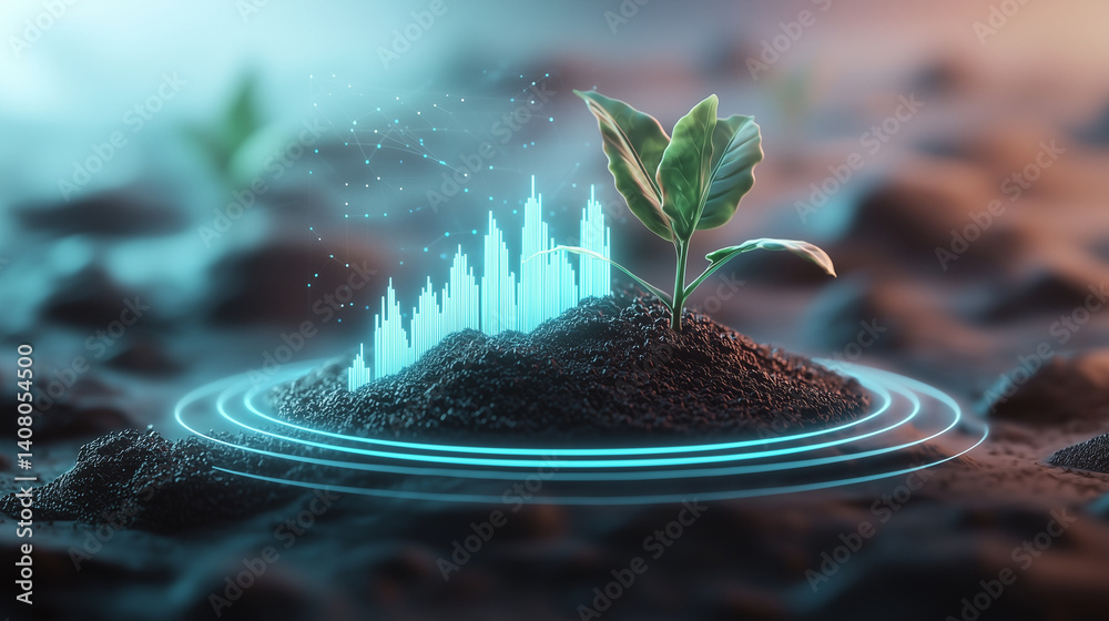 Modern 3D chart, one section breaks into soil, healthy plant blooms from center, luminous aura