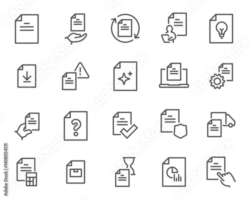 Vector Set of Editable Linear Style Icons on the Theme of Documents and Workflows. Includes icons for documents, downloading, verification, filtering, file handling, and analysis.