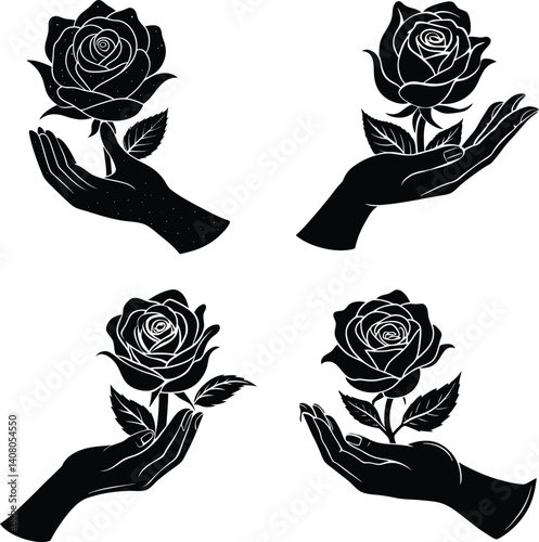 A Silhouette Of A Delicate Hand Offering A Rose  
