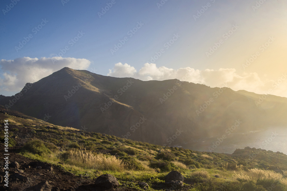 Stunning landscape view of Ponta de Sao Lourenco in Madeira during sunset with lush greenery and coastal hills