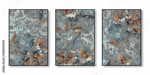 Triptych abstract painting with textured tones.