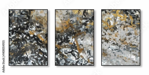 Abstract triptych with black, gray, and gold brushstrokes.