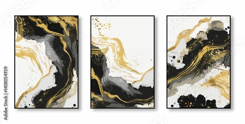 Abstract gold and black triptych art.
