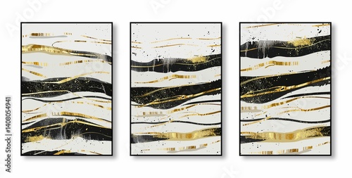 Abstract triptych with black, white, and gold waves.
