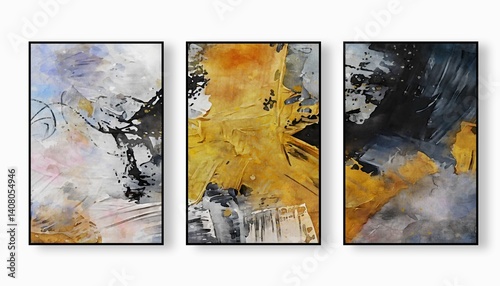 Abstract triptych with bold colors and brush strokes.