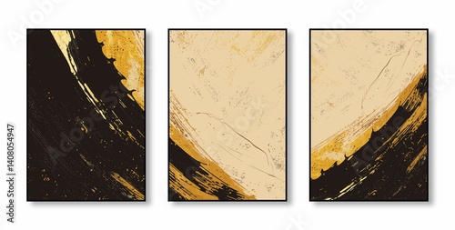 Abstract triptych with black and gold brush strokes.