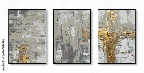 Abstract Gray and Gold Triptych Art