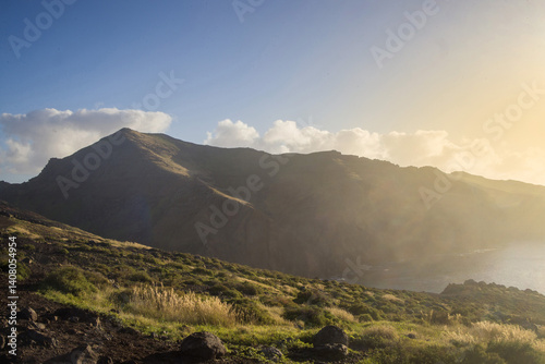 Stunning landscape view of Ponta de Sao Lourenco in Madeira during sunset with lush greenery and coastal hills