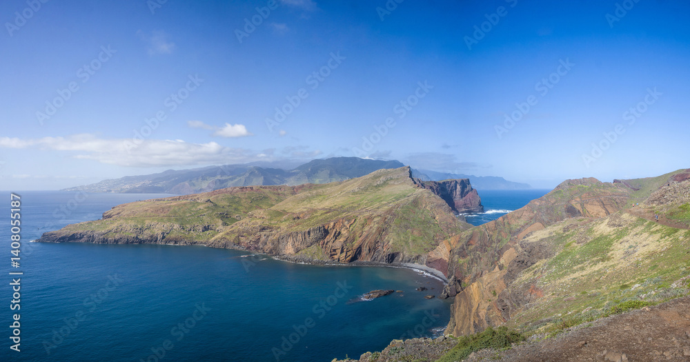Fototapeta premium Stunning coastal landscape at Ponta de Sao Lourenco in Madeira showcasing cliffs and blue waters under a clear sky