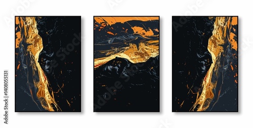 Abstract triptych with gold and black patterns.