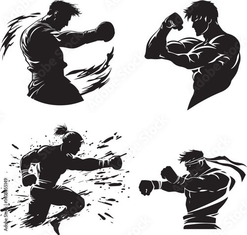 Fighter Throwing Punch Flat black silhouette vector
