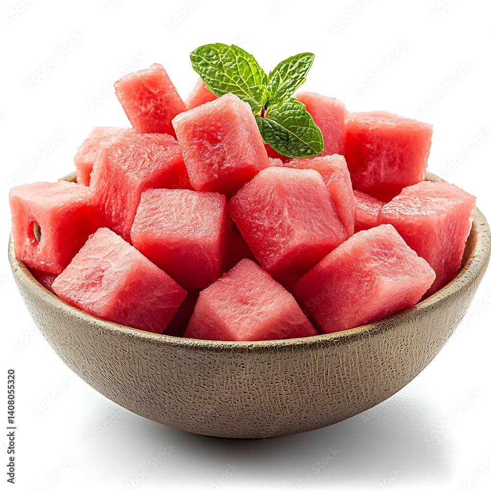 Watermelon Cubes with Mint: Refreshing cubes of juicy watermelon are piled high in a rustic bowl, adorned with fresh mint leaves. A light, vibrant, and inviting composition. Watermelon Cubes with Mint: Refreshing cubes of juicy watermelon are piled high in a rustic bowl, adorned with fresh mint leaves. A light, vibrant, and inviting composition.