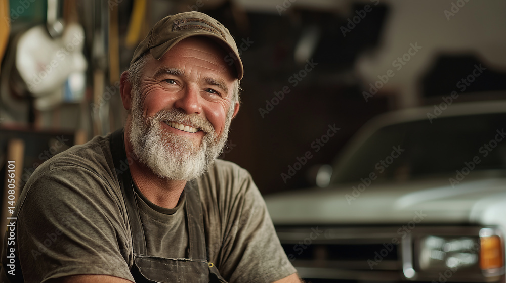 Smiling mechanic rests by workbench, lit warmly, silver sedan elevated close behind