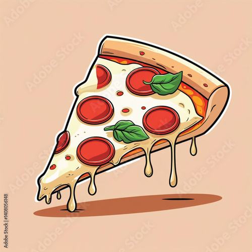 Illustration of an isolated pizza on a brown background. sliced pizza with salami, mushrooms, basil leaves and melted cheese for pizzeria packages and menu design. generate AI.