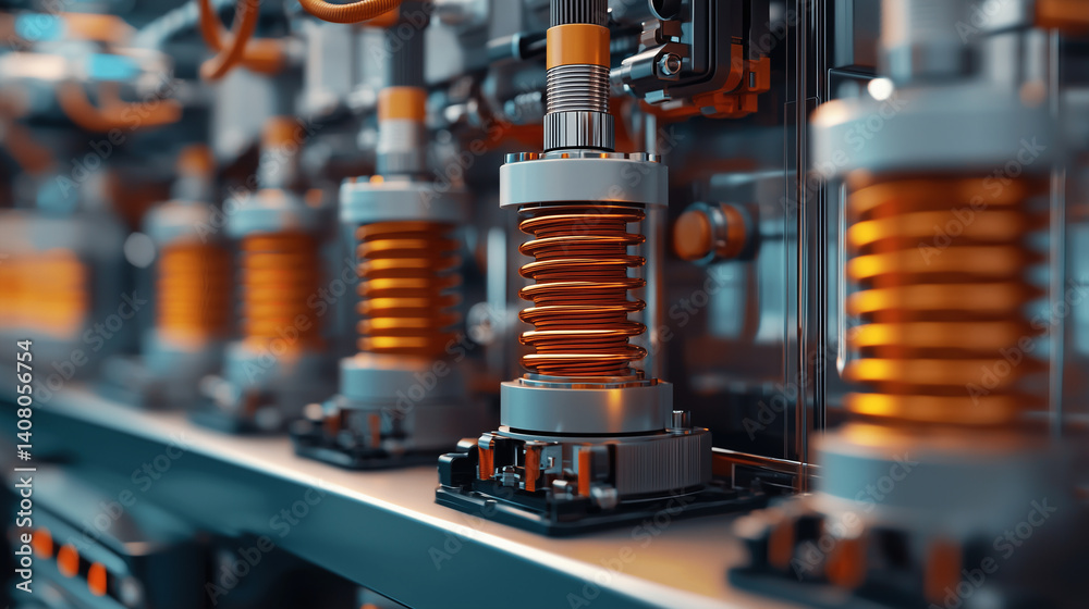 Transformer components zoomed in, crisp detail on insulators, energy flow elements visible