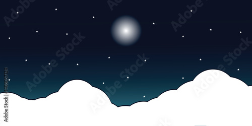 Night starry sky with full moon and cloud. Vector background with cloudy sky, moonlight A night sky with stars and a full glowing moon. Fluffy clouds on the starry sky.eps10