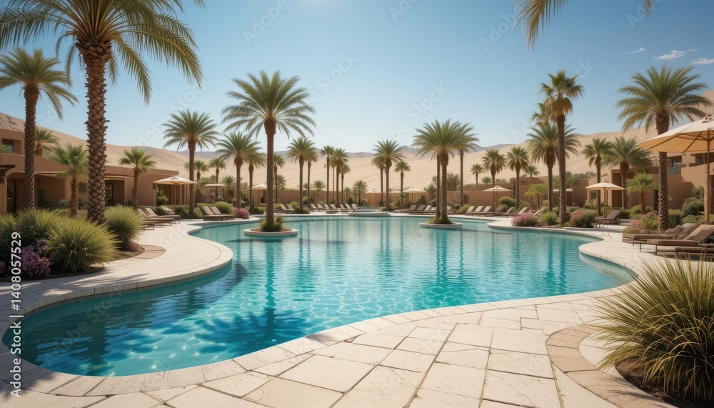 Serene Desert Oasis with Crystal Clear Pool Surrounded by Palm Trees and Lush Plant Life