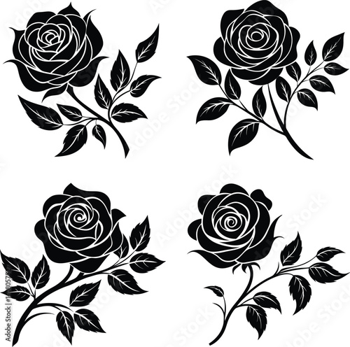 Artistic Rose Silhouette With Gracefully Arching Leaves  