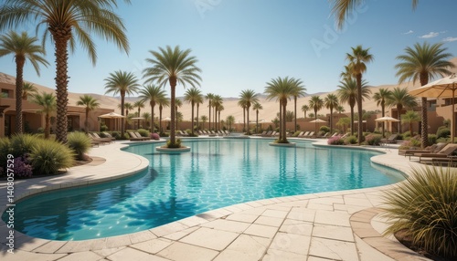 Obraz na płótnie Serene Desert Oasis with Crystal Clear Pool Surrounded by Palm Trees and Lush Plant Life w salonie