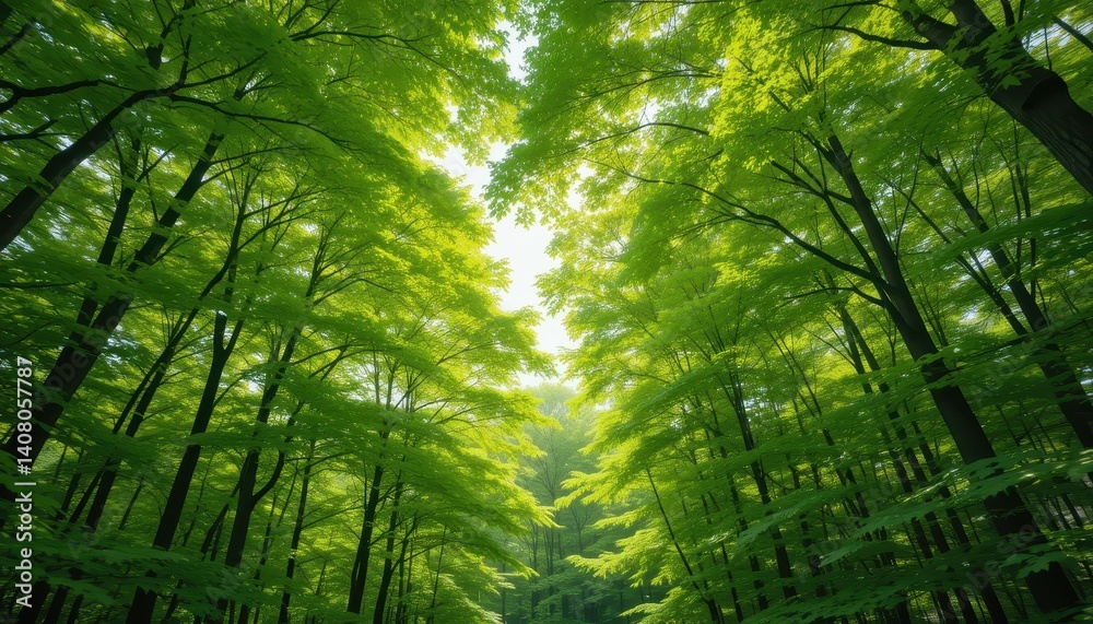 Lush Green Canopy in Dense Forest with Sunlight Filtering Through Vibrant Leaves and Trees Lush Green Canopy in Dense Forest with Sunlight Filtering Through Vibrant Leaves and Trees