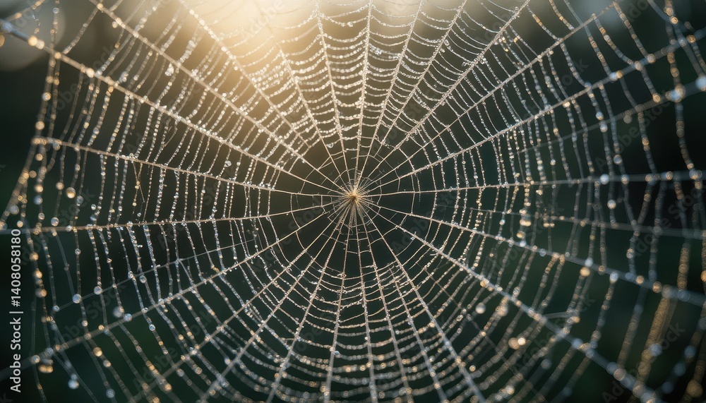 Obraz premium Intricate Spider Web with Dew Drops Glimmering in Morning Light on Natural Background