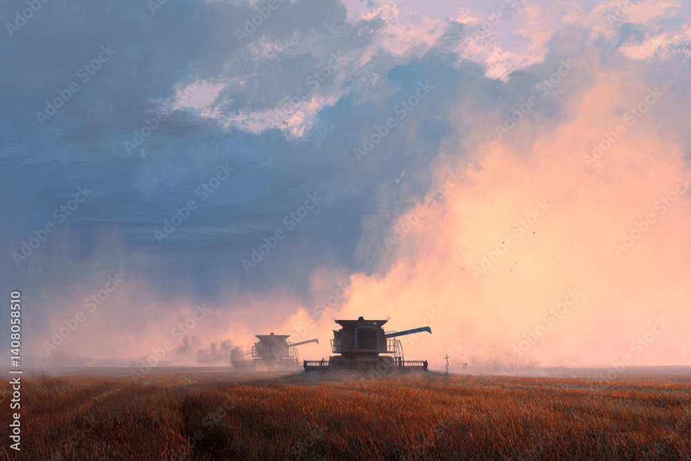 Fototapeta premium Harvesting equipment moves through a vast golden field as sunlight fades and clouds create a striking sky at dusk