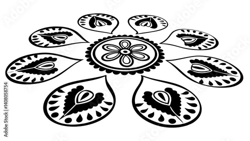 Black and white floral design with teardrop shaped petals arranged around a central flower motif created with generated ai