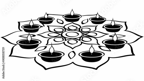 Illustration of a decorative floral design with diya lamps arranged around the perimeter in black and white created with generated ai