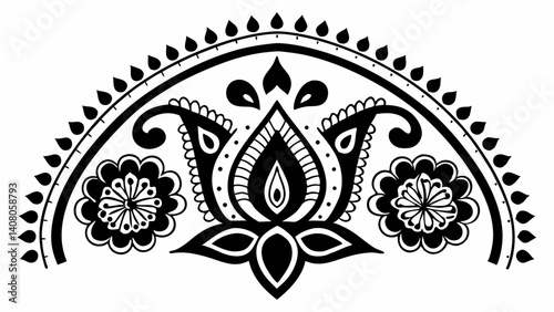 Black and white floral design with lotus flower and decorative arch with teardrop shapes border element created with generated ai