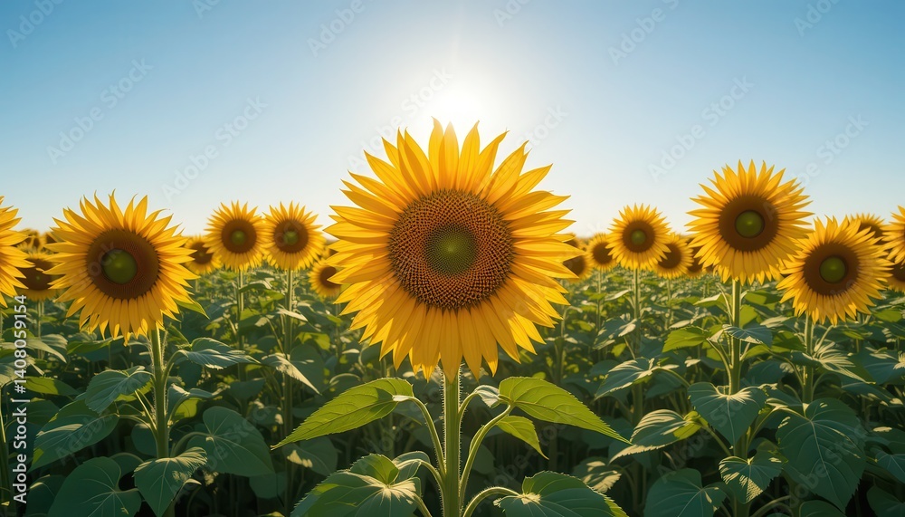 Fototapeta premium Bright Sunflowers in Bloom Under a Clear Blue Sky with Sunlight Glowing in the Background