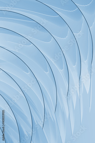 Modern abstract background, pattern - curved lines of plastic surfaces, layered on light pastel blue color. 3D rendering. Geometric design for medicine, sciences, calm, relax, serenity vibe.