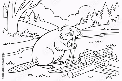 Coloring Pages, a busy beaver building a dam with logs, uncolored, black and white