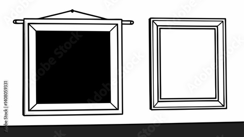 Two framed artworks displayed on a wall one hanging and one mounted with a dark shelf below them all created with generated ai