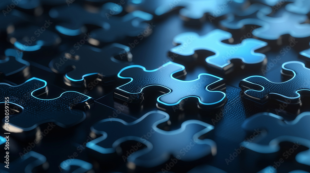 Coded 3D puzzle joins in luminous blue network, cyber design shows system unity